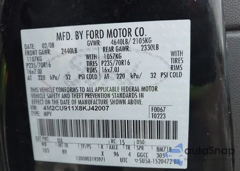 2008 Mercury Mariner V6 из США, поврежденный, VIN 4M2CU911X8KJ42007